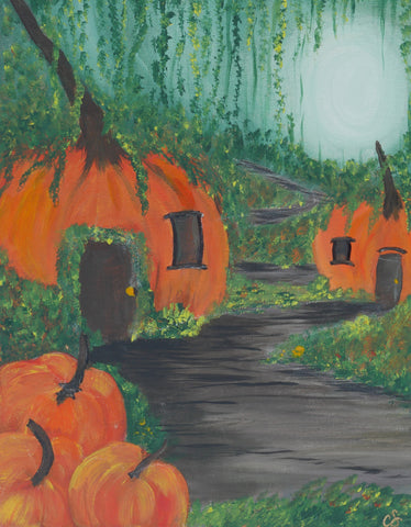 party kit - "mystical pumpkin village" - acrylic painting kit & video lesson